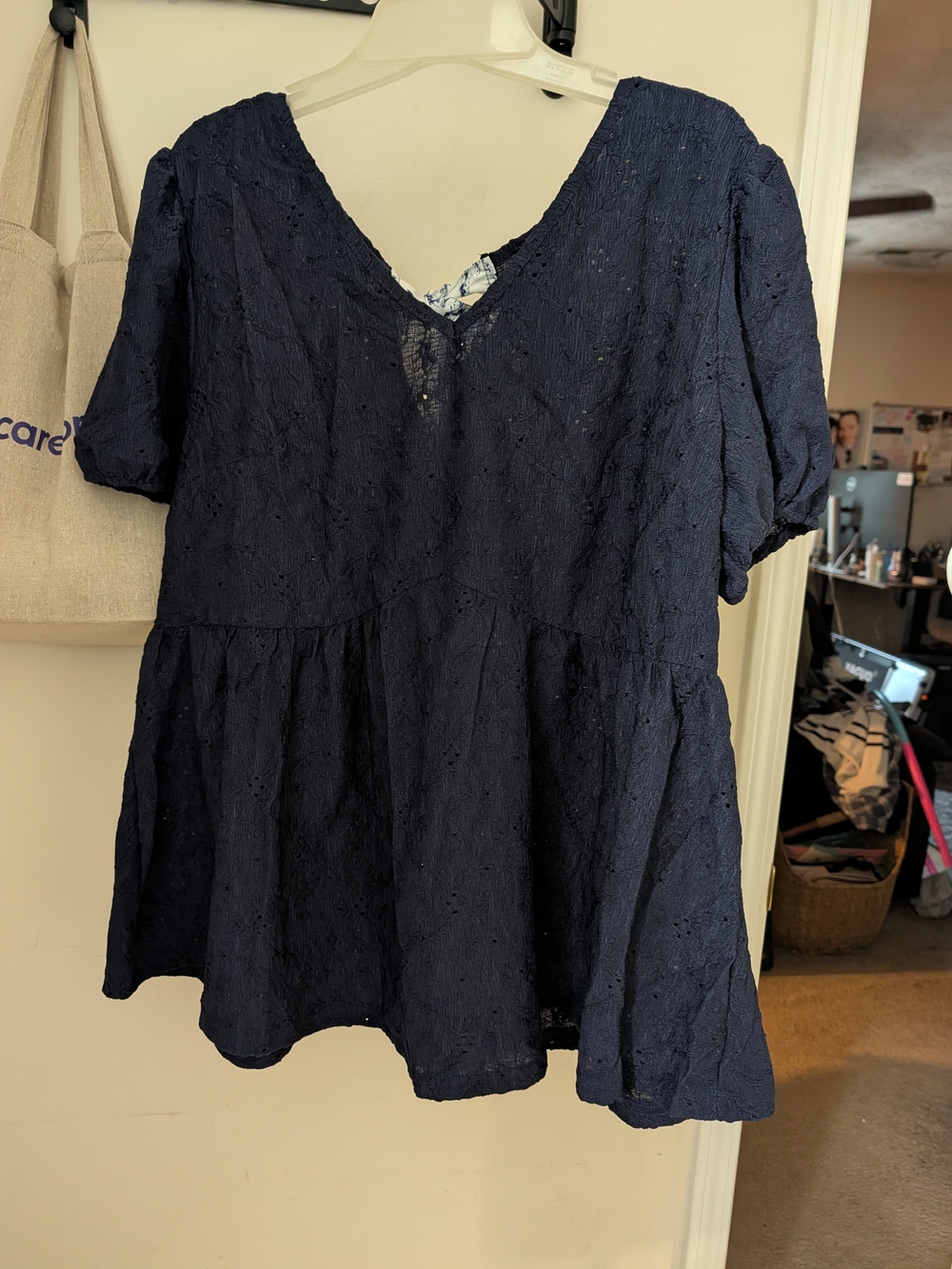 BloomChic Navy Eyelet V-Neck Peplum Top